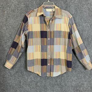 Lemon Grass Button Front Shirt Women S Patchwork Pattern Long Sleeve Cotton